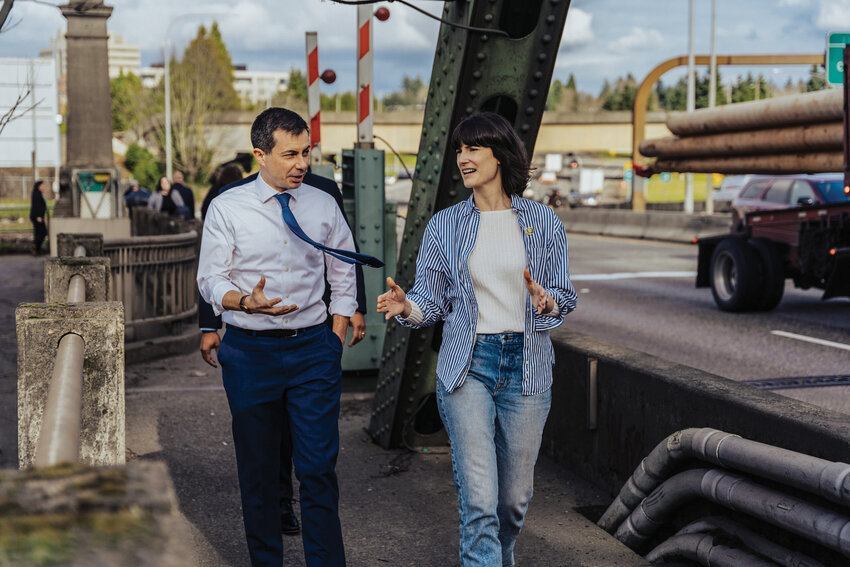 US Rep. Marie Gluesenkamp Perez, D-Skamania, tours with former Security of Transportation Pete Buttigieg on the Interstate Bridge in February 2024. Gluesenkamp Perez says the bridge replacement needs to be &ldquo;reliable and reduces congestion, that meets the needs of our community.&rdquo;