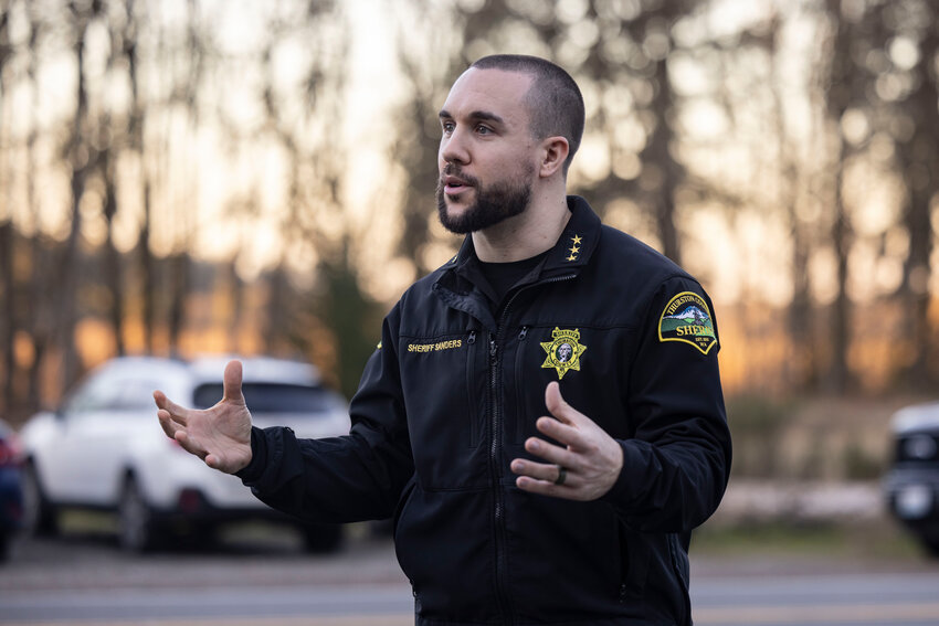 Thurston County Sheriff Derek Sanders speaks during a vigil for Karen Bodine on Littlerock Road Southwest in Rochester on Saturday, Jan. 18.