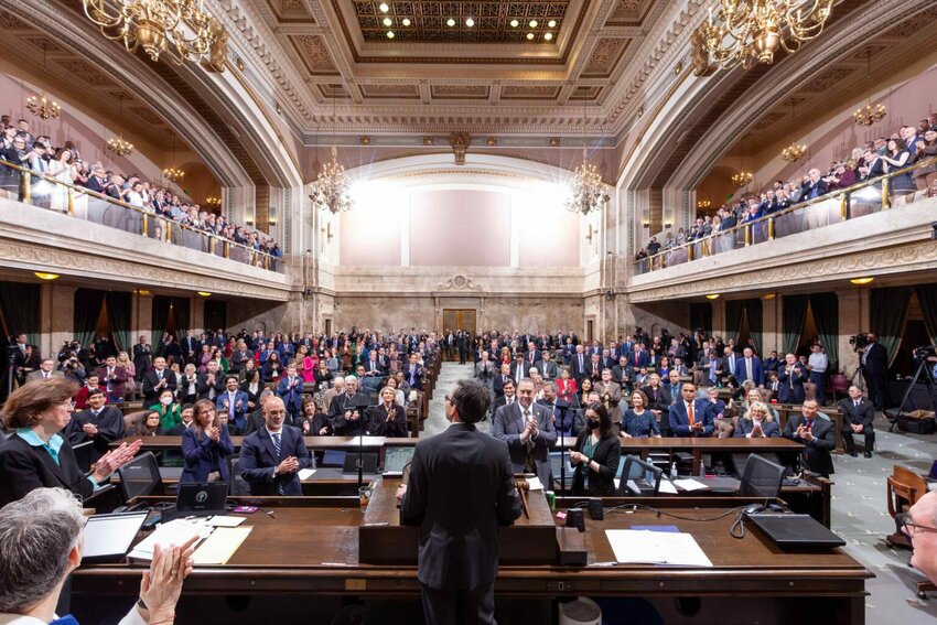 The Washington State Legislature convenes for a joint session for a swearing-in ceremony of statewide elected officials and Gov. Bob Ferguson&rsquo;s inaugural address, Jan. 15, 2025. (Photo courtesy of Legislative Support Services)