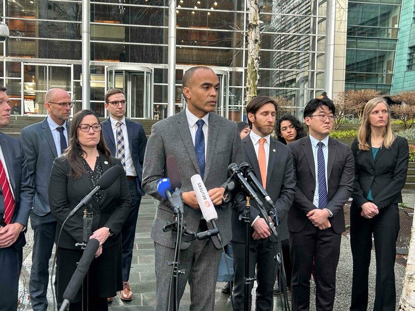 Washington state Attorney General Nick Brown speaks to reporters outside the Seattle federal courthouse after a judge granted his office&rsquo;s request for a preliminary injunction blocking President Donald Trump&rsquo;s attempt to restrict birthright citizenship. (Photo by Jake Goldstein-Street/Washington State Standard)
