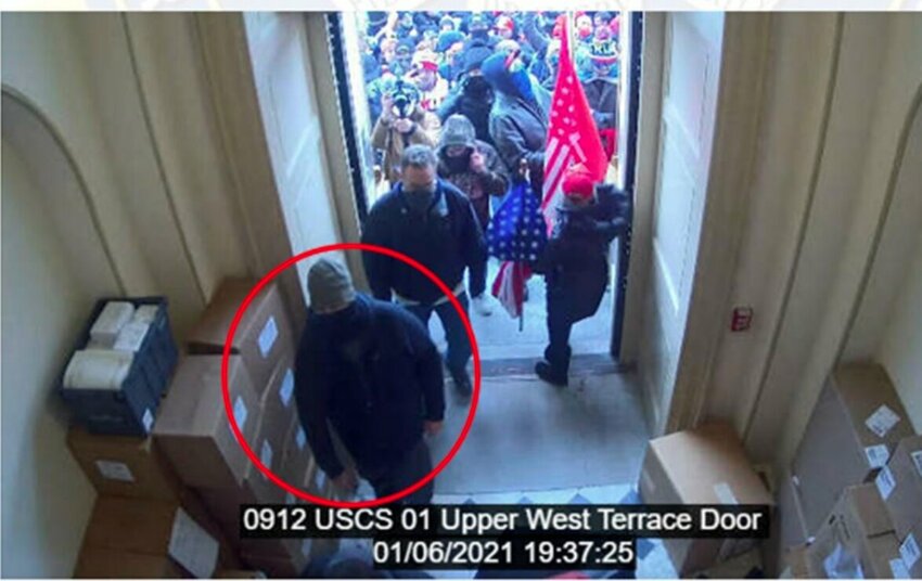 Ronald Schultz, of Ariel, is seen marked with a red circle on security camera footage as he enters the U.S. Capitol building on Jan. 6 2021.