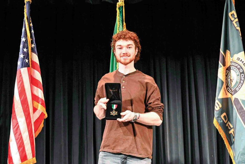 Ian Roadifer receives the Clark County Sheriff&rsquo;s Office Citizen Service Medal for his part in rescuing a missing 7-year-old girl at Lake Merwin in August 2024. Roadifer's quick thinking and guidance led search teams to her safe recovery after 12 hours in dangerous terrain.
