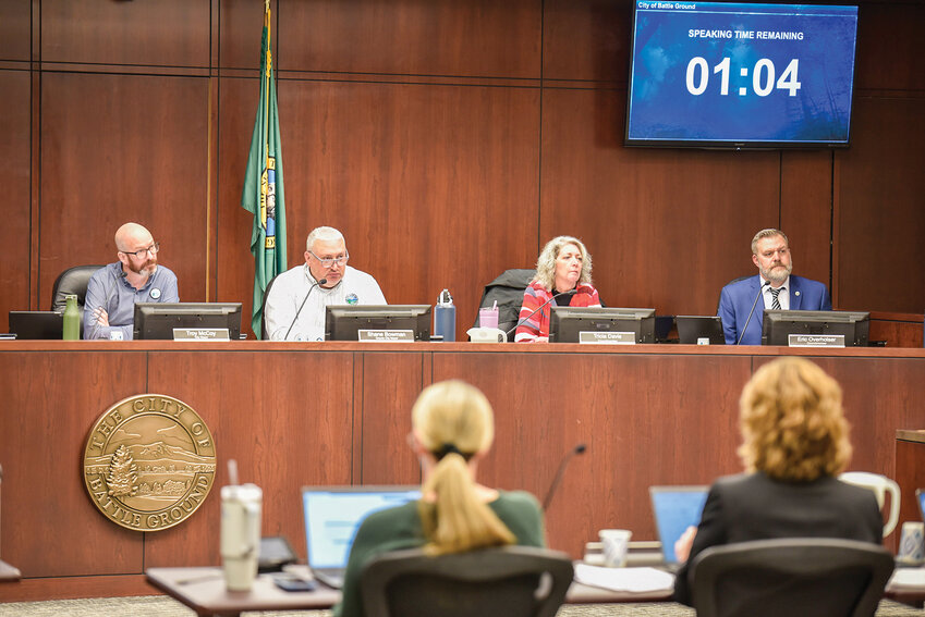 Battle Ground City Council members listen to public statements on Monday, Feb. 3, regarding Ordinance 2025-02, which prohibits unauthorized camping on public property. The council unanimously approved the measure, set to take effect on March 5, 2025.
