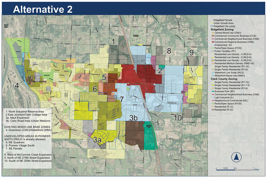 A map of Ridgefield&rsquo;s Urban Growth Area (UGA) highlights the key differences between two proposed land use plans under the city's Envision Ridgefield 2045 plan, a 20-year strategy for managing growth. Alternative 2 increases housing density across the entire UGA while maintaining existing land use patterns. Alternative 3 limits UGA expansion and focuses growth in mixed-use hubs at key locations like downtown, Pioneer and Royle, Clark College and the waterfront. The Ridgefield Planning Commission remains divided on which approach best balances future growth, especially as Alternative 3 assumes property owners in certain areas will request an annexation.