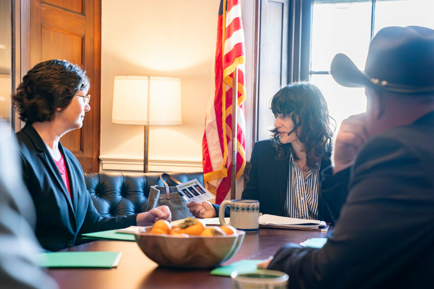 Congresswoman Marie Gluesenkamp Perez, D-Skamania, speaks with Lewis County commissioners Lindsey Pollock, left, and Scott Brummer in this photo provided by her office.