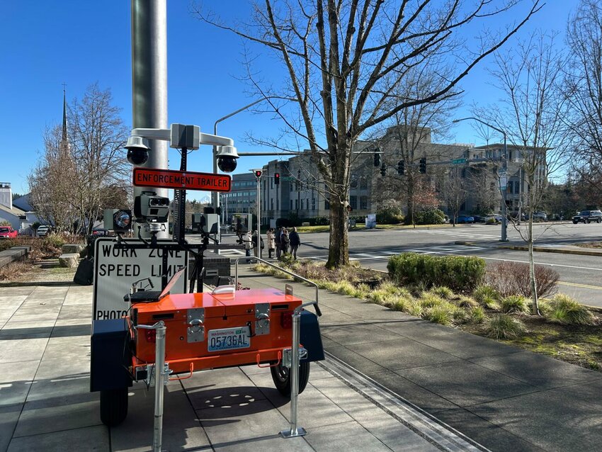A new speed camera mounted on a trailer, shown Wednesday in Olympia, will patrol work zones on Washington highways. (Jake Goldstein-Street/Washington State Standard)