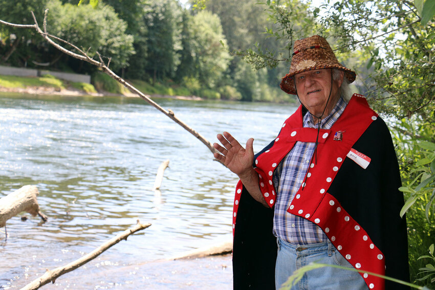 FILE PHOTO &mdash; Roy Wilson talks about the villages that were once scattered along the banks of the Cowlitz River. In all, 43 villages were situated along the waters, he said.