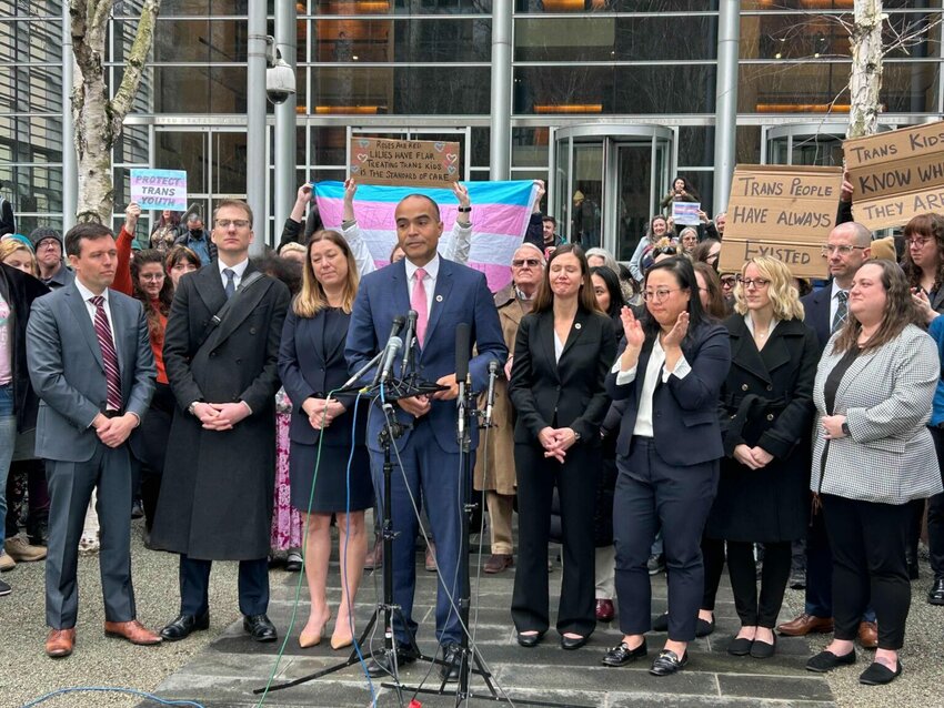 Washington Attorney General Nick Brown speaks outside the federal courthouse in Seattle where a judge sided with his office, temporarily blocking President Donald Trump&rsquo;s order to stop federal funding for facilities that provide gender-affirming care to young people. (Photo by Jake Goldstein-Street)