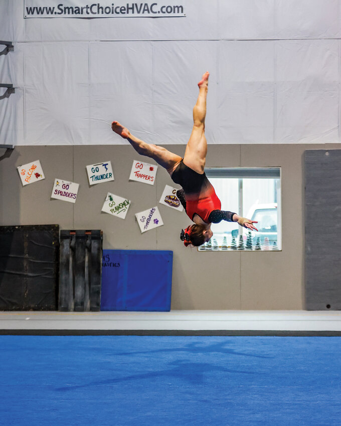Prairie gymnast Abigail Mendoza earned the all-around title at the 3A/2A/1A gymnastics district championships at Naydenov on Saturday, Feb. 15. Prairie High School earned a second place team title during the district event.