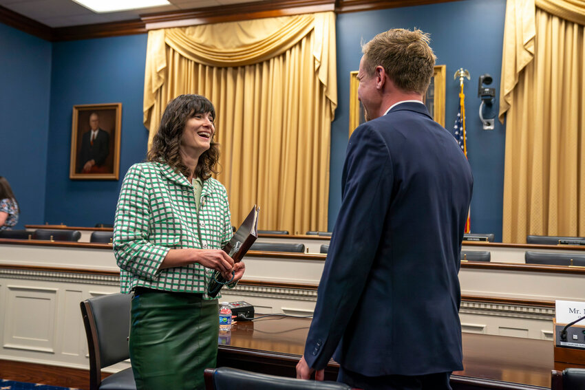 Congresswoman Marie Gluesenkamp Perez meets with Josh Phillips of Spawn Fly Fish in Ilwaco, Washington. Phillips served as a witness in a House Committee on Small Business hearing on rural entrepreneurship.