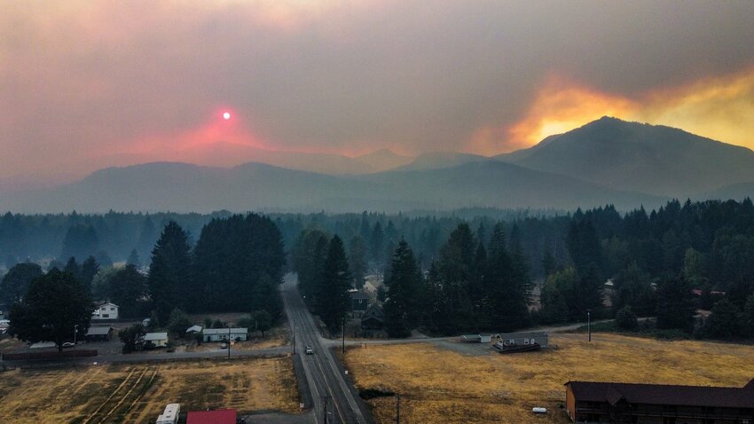 Smoke partially blocks out the sun over Packwood at the start of the Goat Rocks Fire in September 2022.