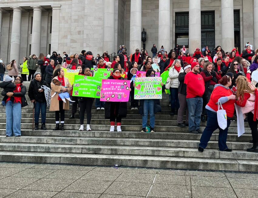 Advocates for the Early Childhood Education and Assistance Program rally at the state capitol on Feb. 6, 2025. (Photo by Laurel Demkovich/Washington State Standard)