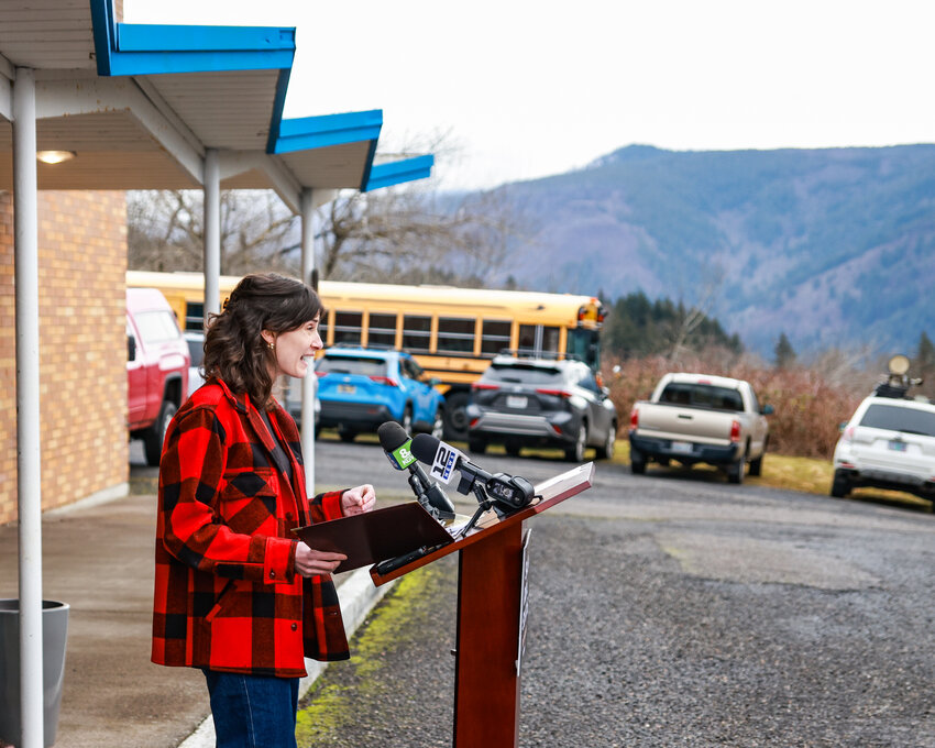 With the Columbia River Gorge surrounding the Mount Pleasant School in western Skamania County, Rep. U.S. Marie Gluesenkamp Perez, D-Skamania, urged reauthorizing the Secure Rural Schools funding program during a news conference on Thursday, Feb. 20.