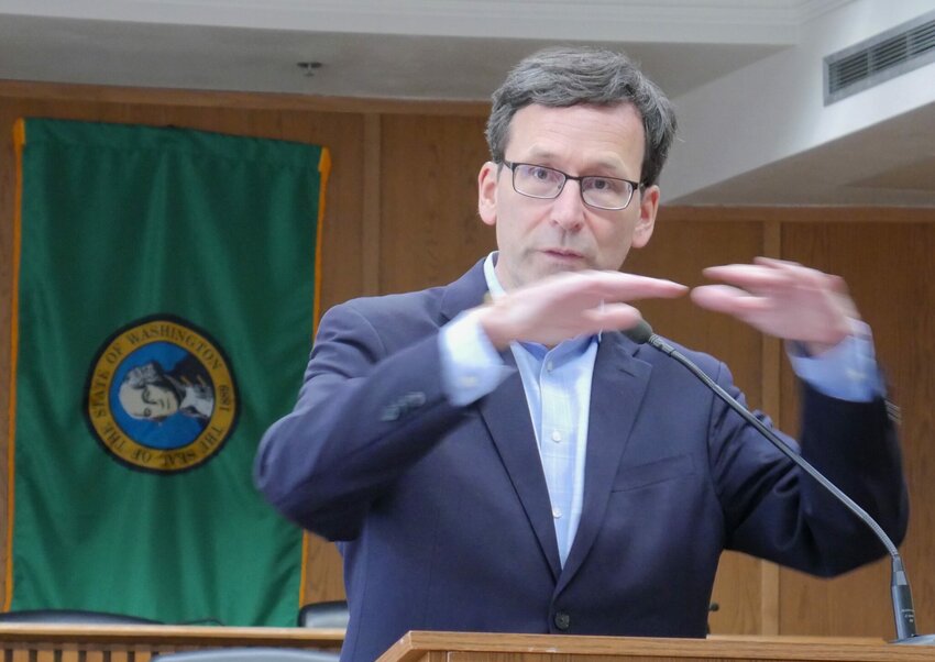 Gov. Bob Ferguson, speaks to reporters during a press conference on Jan. 9, 2025 in Olympia. (Bill Lucia/Washington State Standard)