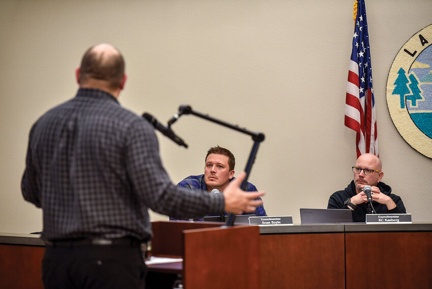 Frank Green, assistant program administrator for the Interstate Bridge Replacement program, presents to the La Center City Council on Feb. 26, outlining the project's progress. His update drew concerns from council members over the costs and necessity of including light rail.