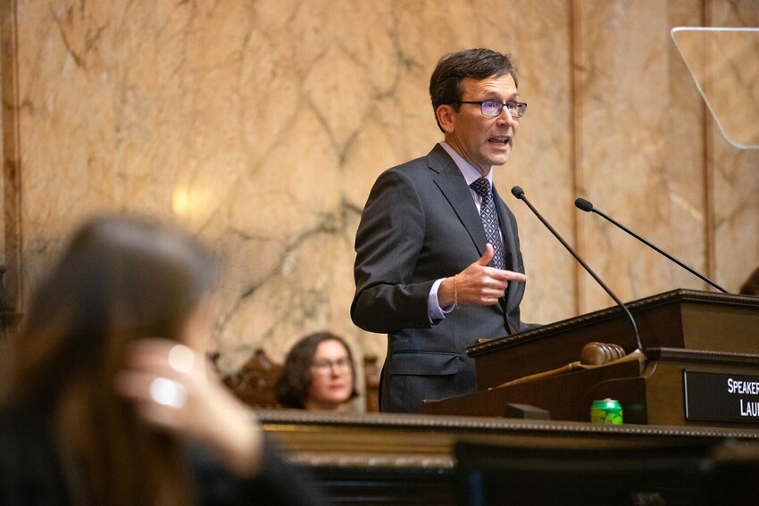 Gov. Bob Ferguson delivers his inaugural address after being sworn in on Jan. 15, 2025, at the Washington state Capitol in Olympia, Wash. Ferguson has said he'll veto any budget that does not include $100 million for police hiring. (Photo by Ryan Berry/Washington State Standard)