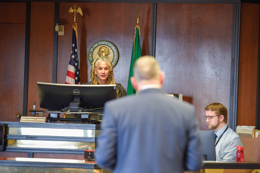 Clark County Superior Court Judge Camara L.J. Banfield listens as attorney Joel Ard argues on behalf of plaintiff Matthew Frohlich during a hearing on Thursday, March 13. The court dismissed most of Frohlich&rsquo;s challenge to the November 2024 Legislative District 18 Senate election but allowed arguments on alleged negligence by the county auditor to proceed.