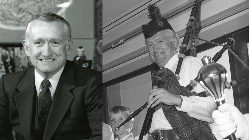 Ralph Munro was first elected as Washington&rsquo;s secretary of state in 1980 and would go on to serve five terms in the job. He&rsquo;s seen here, right, with bagpipes at a National Association of Secretaries of State Conference in 1986 and, left, in an official portrait from 1985. (Photos courtesy of Washington State Archives)
