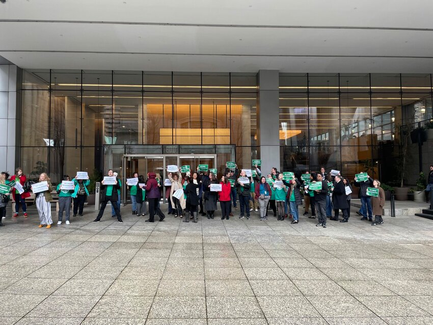 Staff at the Washington state attorney general&rsquo;s office in Seattle and elsewhere staged a walkout Thursday to make their case against furloughs and budget cuts. (Photo courtesy of Julia Parkey)