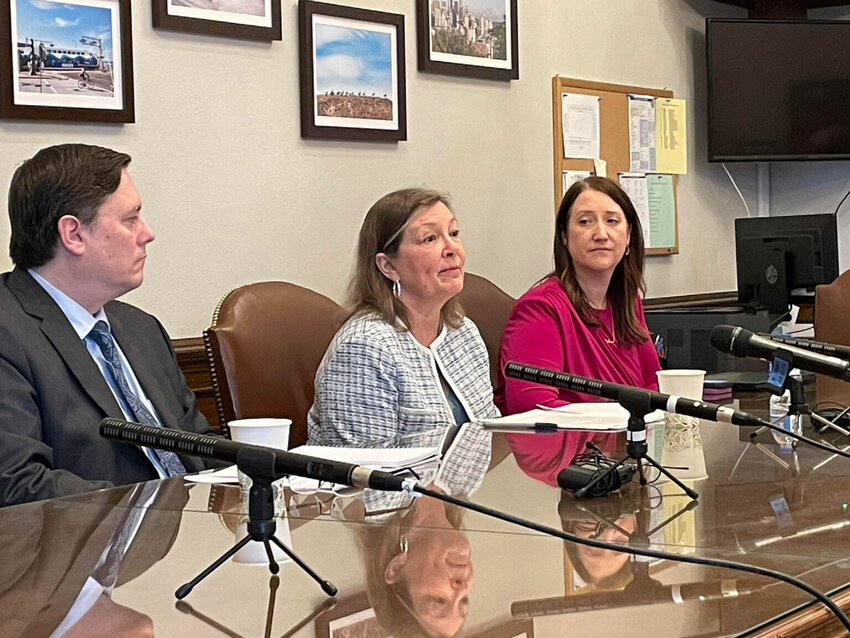 Washington Democratic state Sen. June Robinson (center) discusses her caucus&rsquo;s budget proposal released Monday March 25, 2025. Sens. Derek Stanford and Noel Frame joined Robinson at a press conference at the state Capitol. (Jerry Cornfield / Washington State Standard)