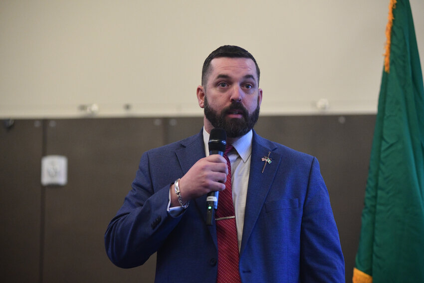 Sate Rep. Matt Marshall, R-Eatonville, spoke at a Yelm town hall event on Thursday, March 20, at Yelm Community Center.