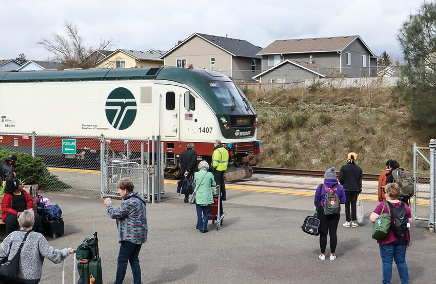 Amtrak has not provided a timeline for when replacement train cars might arrive to replace the aging Horizon coaches that were abruptly pulled from service on March 26. Here a train is seen at the Olympia-Lacey station in 2022. (Photo by Tom Banse)