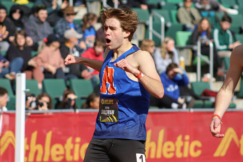 Ridgefield's Davis Sullivan reacts after finishing with a new personal record in the 800 meters at the Oregon Relays at Hayward Field in Eugene, Ore., Saturday, April 5.