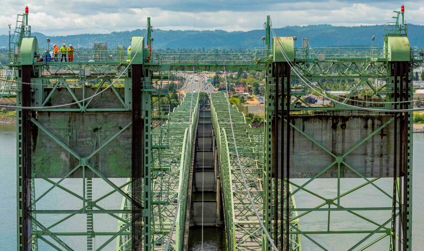 Crews work on the Interstate 5 bridge over the Columbia River in 2019. (Oregon Department of Transportation)