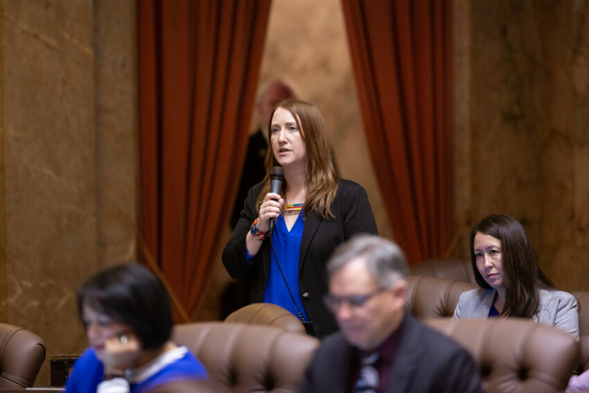 State Sen. Noel Frame, D-Seattle, seen here on the Senate floor in an undated photo, has pushed for three years for legislation to set new requirements for clergy to report child abuse. Her bill won final approval in the Legislature on April 11, 2025 and is headed to the governor's desk. (Legislative Support Services)