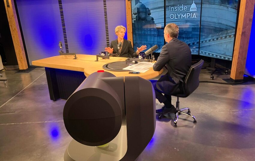 Washington state Chief Justice Deborah Stephens on the Inside Olympia set with host Austin Jenkins. (Photo courtesy of TVW)