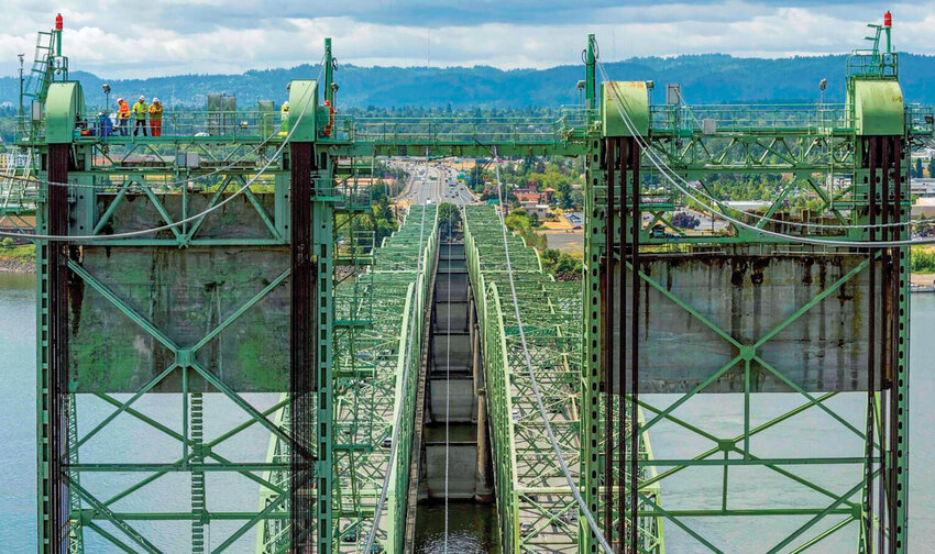 Crews work on the Interstate 5 bridge over the Columbia River in 2019. (Photo by the Oregon Department of Transportation)