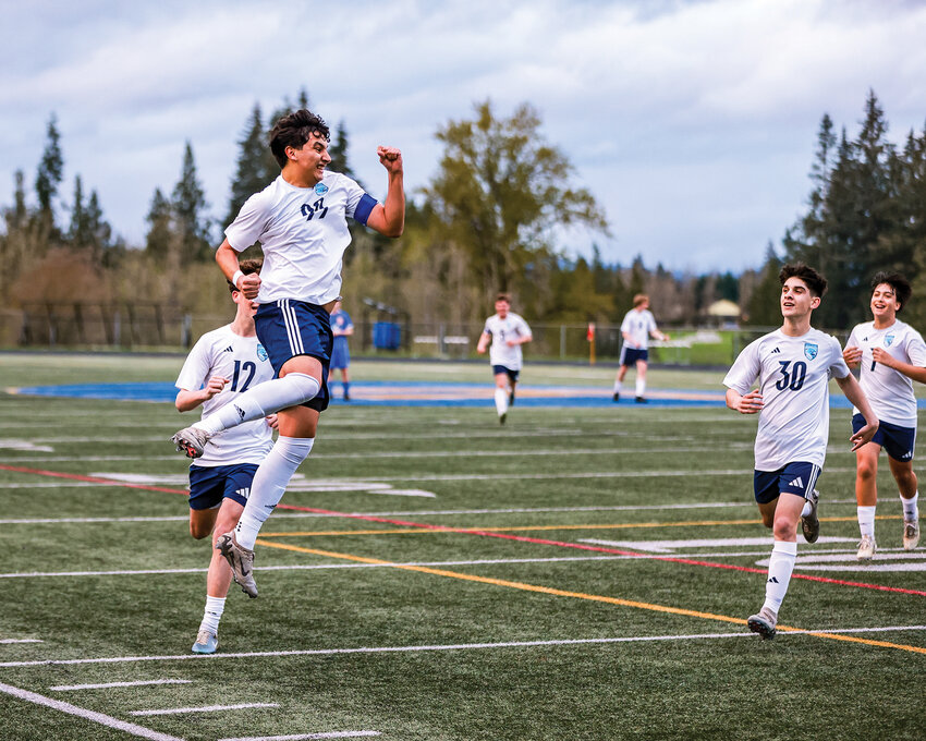 Hockinson&rsquo;s Alonzo Flores celebrates after his first of three goals in the Hawks&rsquo; 3-1 win over the Ridgefield Spudders on Thursday, April 10.