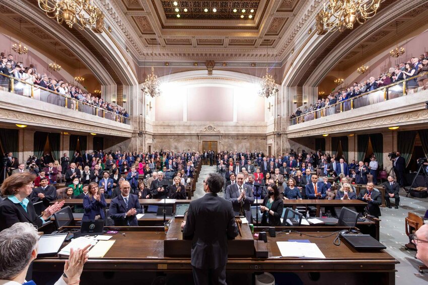 Gov. Bob Ferguson speaks to lawmakers and other officials at the state Capitol on Jan. 15, 2025, during his inaugural address. Throughout the legislative session, Ferguson indicated he would support legislation to cap rent increases, but he never voiced public support for the bill. (Photo courtesy of Legislative Support Services)