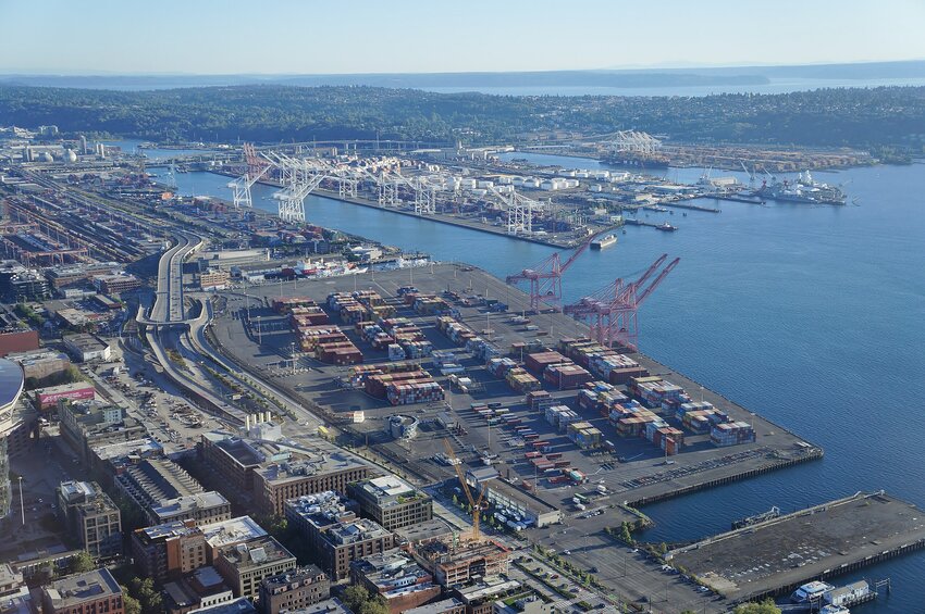 The Port of Seattle's container ship terminals at the south end of Elliott Bay as seen from the top of the Columbia Center in Seattle.