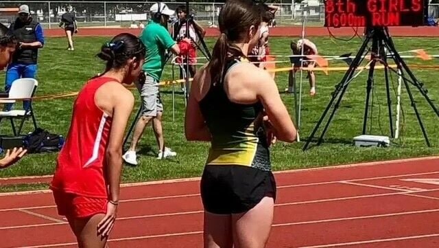 On left, Annaleigh Wilson at Cashmere, WA Girls Track Championship. On right, a trans athlete competing in girls event, who won the finals.