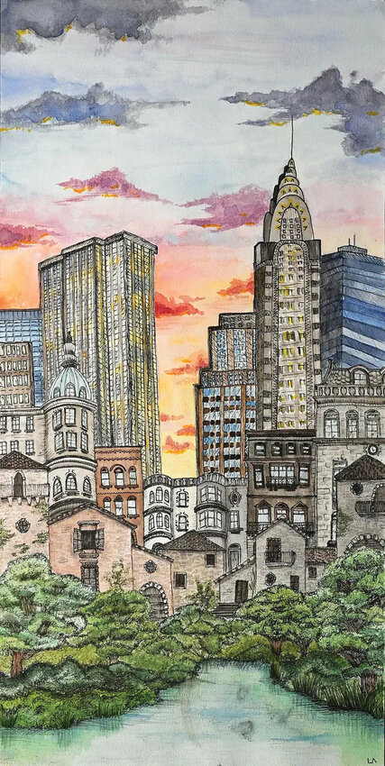 Ridgefield High School&rsquo;s Lilly Adams&rsquo; Regional Award-winning &ldquo;Ivy to I-beams&rdquo; features a verdant cityscape with a rosy sunset.