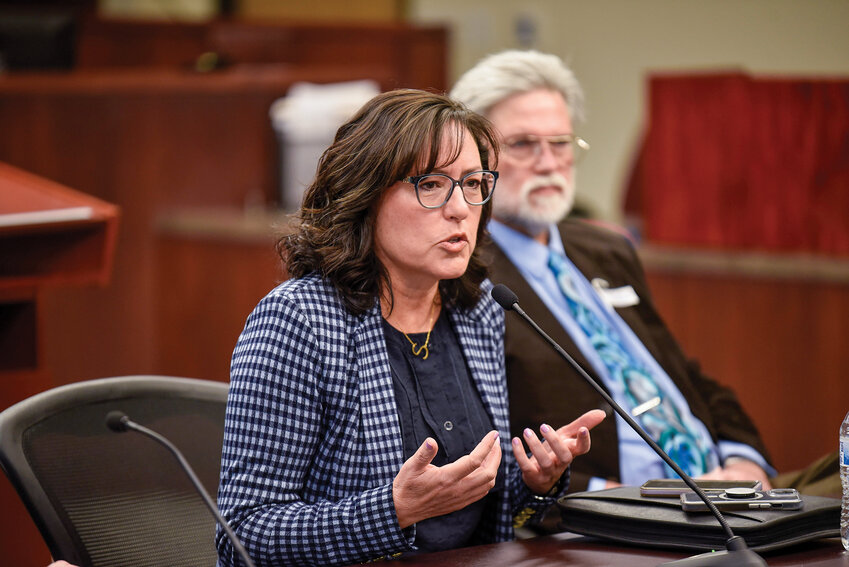 State Rep. Stephanie McClintock speaks during a town hall at Battle Ground City Hall on Saturday, May 3, emphasizing that rising insurance costs are being driven by crime and a shortage of law enforcement officers in Clark County.