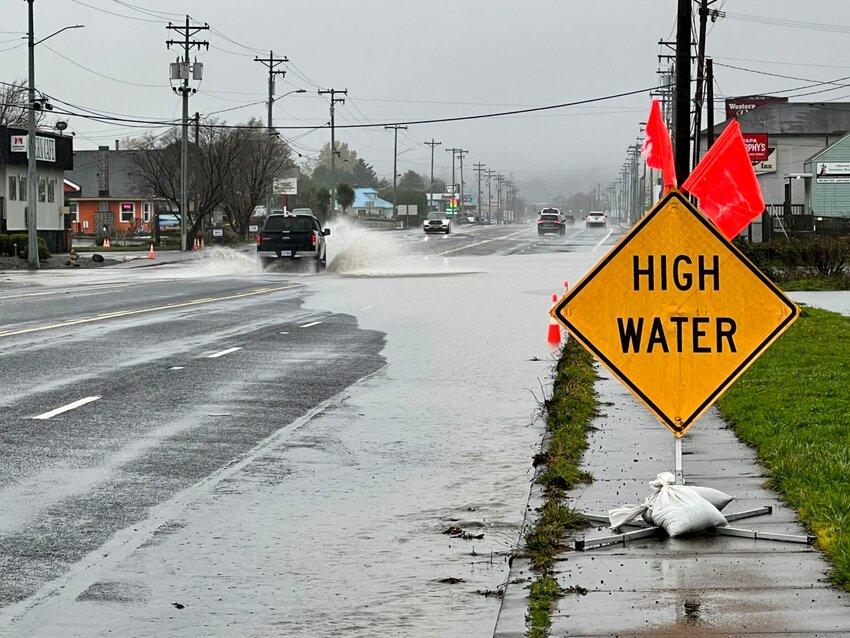 High water on U.S. 101 in Tillamook in December, 2023. The Cascadia Subduction Zone earthquake, coupled with rising sea levels, will cause up to 6 feet of coastal erosion and put many communities on top of new floodplains, a new study finds.