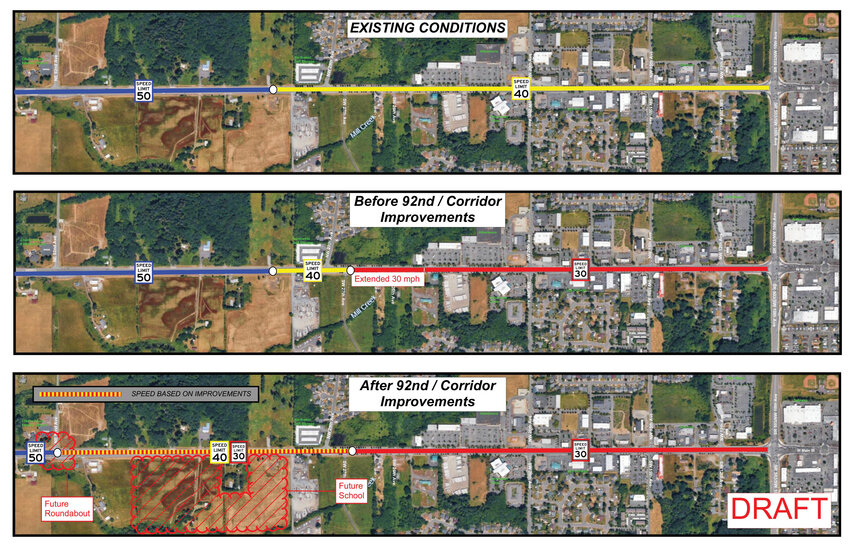 The Washington State Department of Transportation plans to reduce the speed limit on Main Street (state Route 502) to 30 mph from 10th Avenue to just east of Southwest 27th Avenue, then raise it to 40 mph and eventually 50 mph further west (seen in the center row). Battle Ground city councilmembers want the 30 mph zone extended farther west, but WSDOT officials say driver behavior won't change unless additional infrastructure, like crosswalks or ADA ramps, are in place.