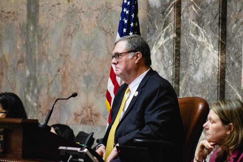 Lt Gov. Denny Heck presiding over the Senate floor on April 27, 2025. (Photo by Jacquelyn Jimenez Romero/Washington State Standard)
