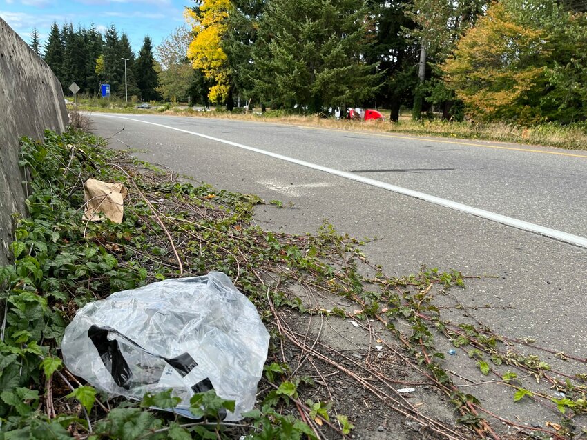 Litter is seen alongside an Interstate 5 off ramp near Lacey, Washington. (Bill Lucia/Washington State Standard)