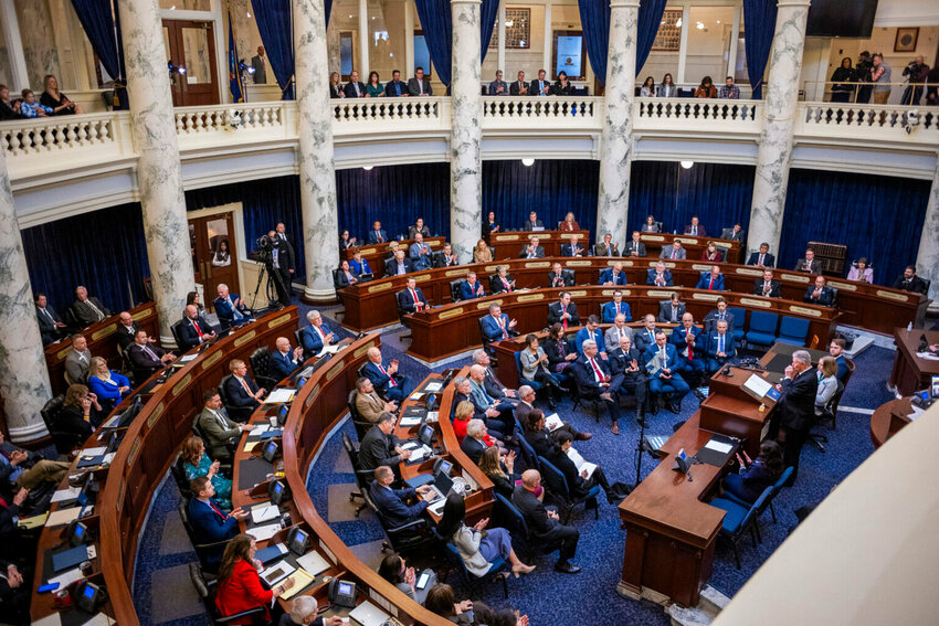 Idaho Gov. Brad Little gives his annual State of the State address on Jan. 6, 2025, on the House floor at the Statehouse in Boise. (Photo by Pat Sutphin for the Idaho Capital Sun)