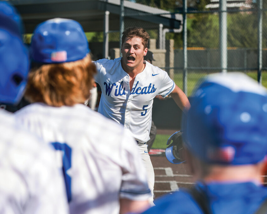 La Center&rsquo;s Wyatt Eiesland celebrates his two-run home run in the sixth inning of the Wildcats&rsquo; 3-0 win over the Cashmere Bulldogs in the 1A quarterfinal round of the state tournament at Camas High School on Saturday, May 24.
