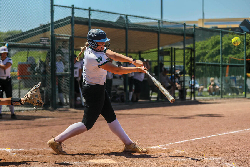 Woodland&rsquo;s Brynn Skelton drives a ball to the wall during the 2A State Tournament in Selah on May 24.