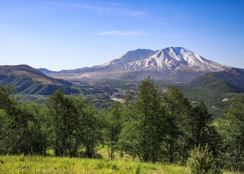 Mount St. Helens is seen from the Elk Rock Viewpoint on Wednesday, May 28. Ash from the May 18, 1980 eruption can be seen blowing in the wind below the crater.