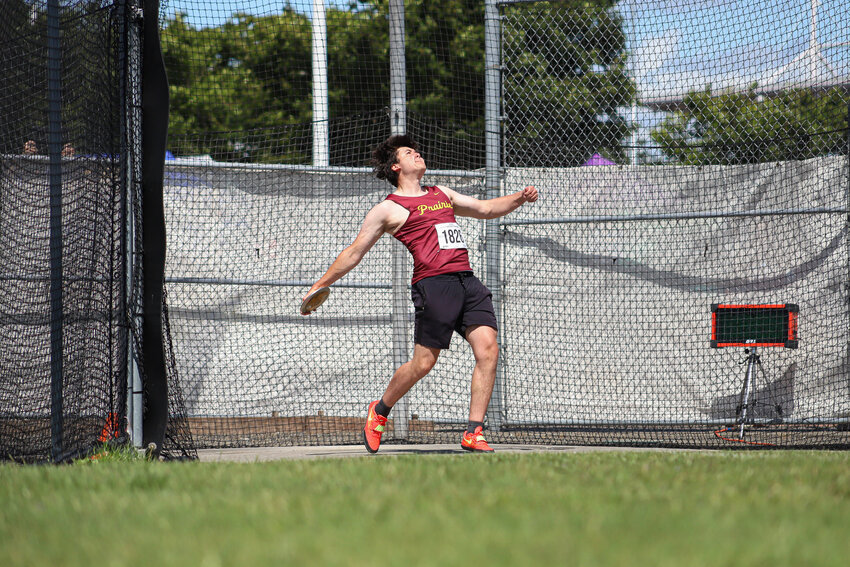 Prairie's Will Foster throws the discus at the 2A/3A/4A state championship meet at Mount Tahoma High School on Thursday, May 29.