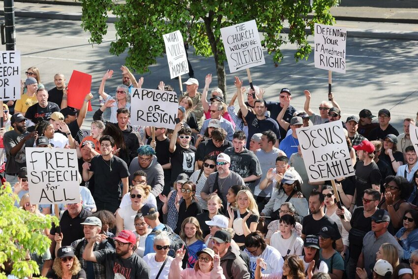 In response to Mayor Bruce Harrell&rsquo;s criticism of the evangelical Christian Mayday USA event on Capitol Hill, organizers held another event called Rattle in Seattle at Seattle City Hall, May 27, 2025.