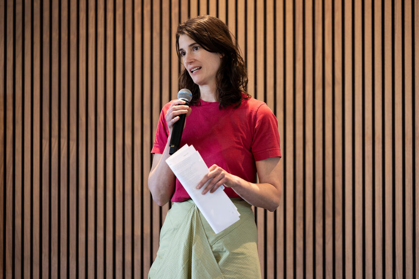 Congresswoman Marie Gluesenkamp Perez speaks during a grand opening for the Agriculture Innovation Park in Tenino on Wednesday, May 28, 2025.