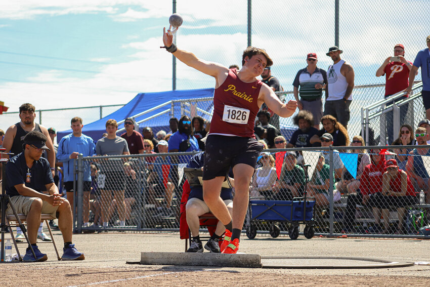 Prairie's Will Foster throws the shot at the 2A/3A/4A state championship meet at Mount Tahoma High School on Friday, May 30.