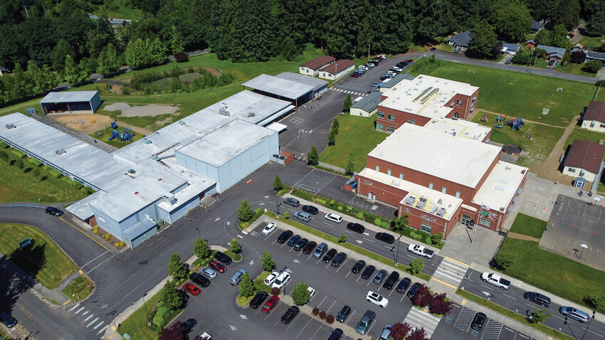 Crews will replace the failing roof at Union Ridge Elementary, seen at left, this summer as part of a $2.3 million emergency project approved by the Ridgefield School Board. The work targets all sections flagged during a district-wide assessment earlier this year.